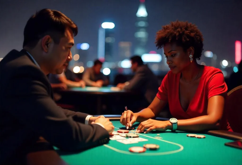 Intense poker game at the SiGMA Poker Tour 2025 in Brazil with a stunning city skyline backdrop