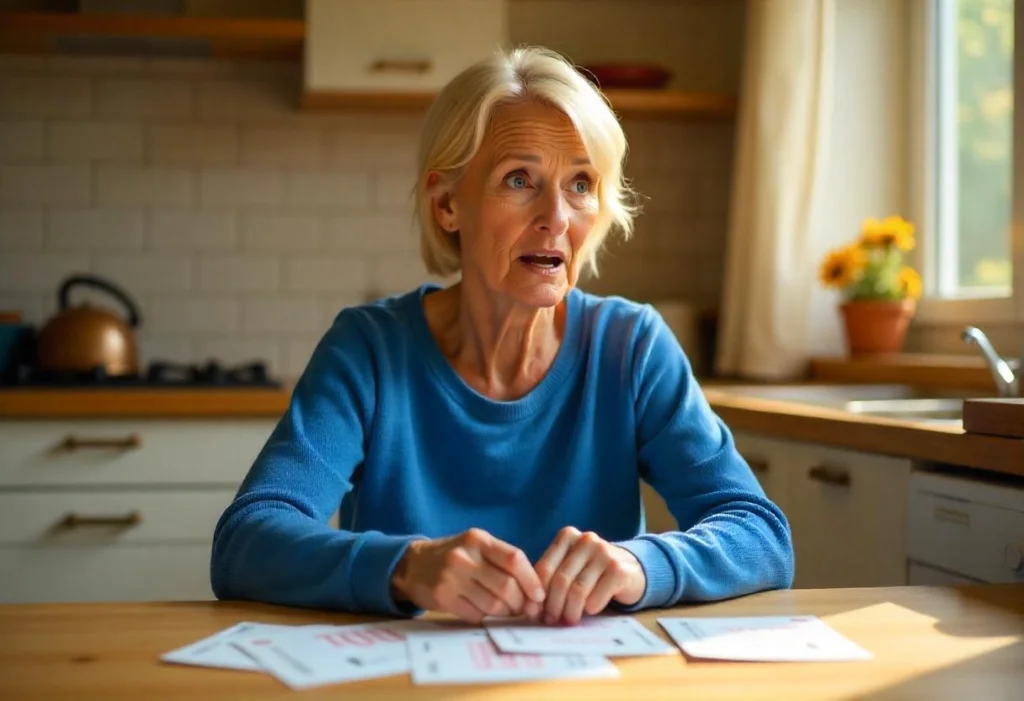A surprised elderly woman sitting at a kitchen table, looking at lottery tickets.
