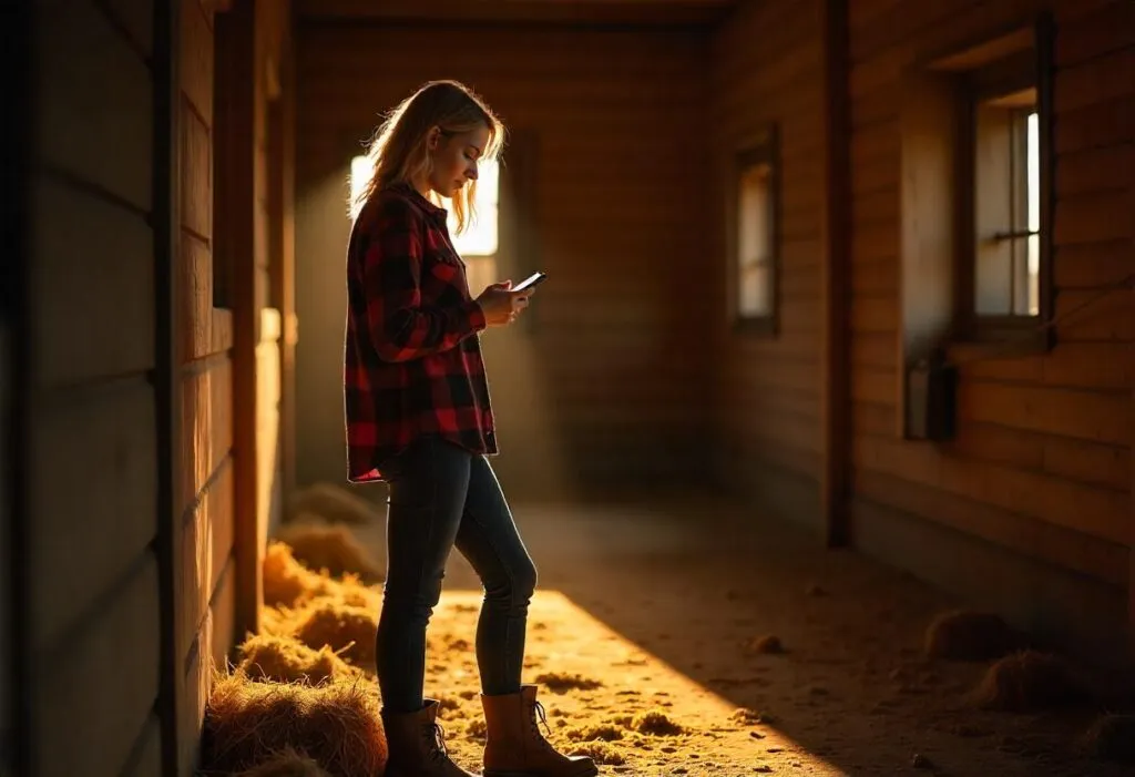 Girl checking her phone in a horse stable during sunset.