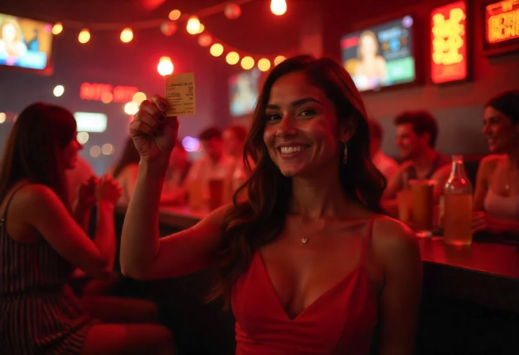 A smiling woman in a red dress holding a lottery ticket in a lively bar with neon lights.