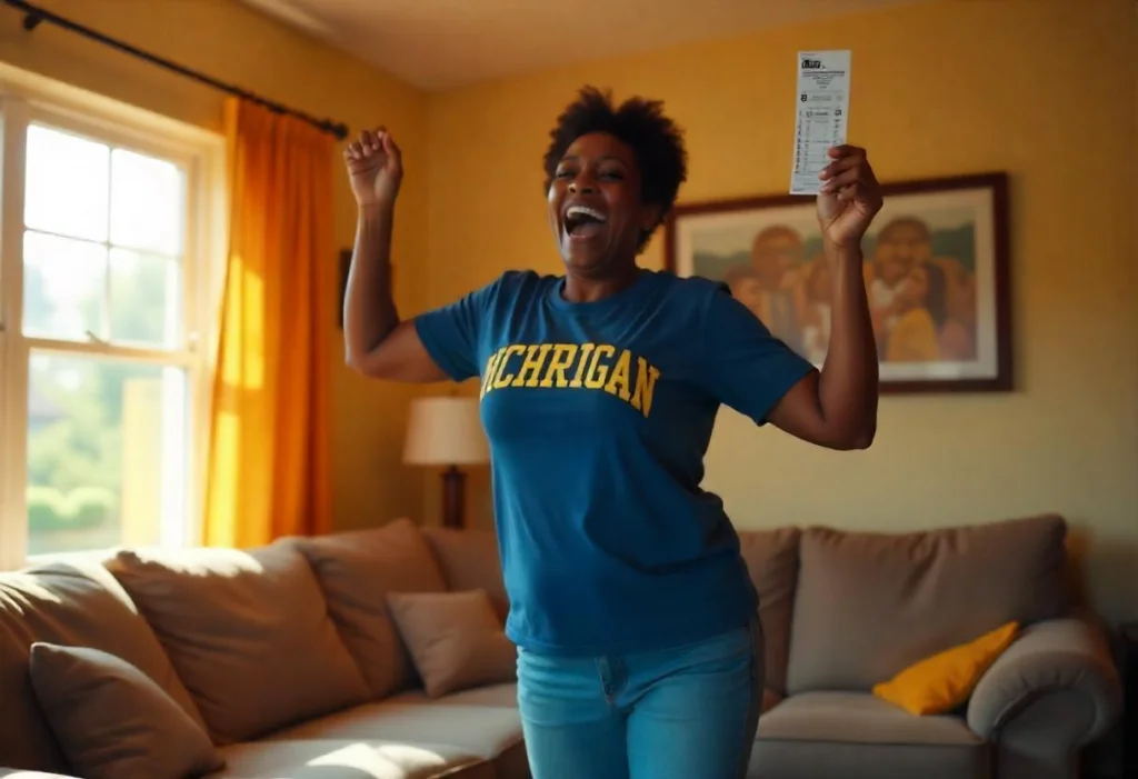 A Michigan lottery winner celebrating her big win at home.