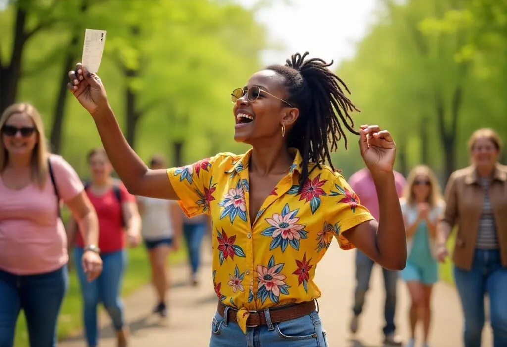 A joyful woman holding a lottery ticket, celebrating outdoors.