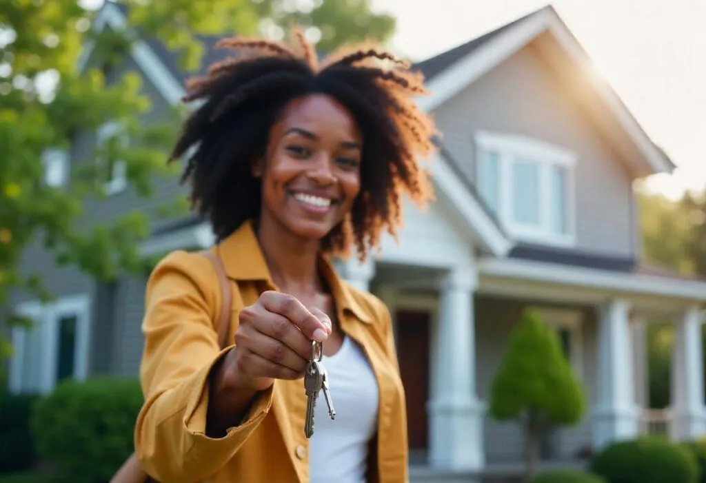 A happy woman holding house keys in front of her new home.