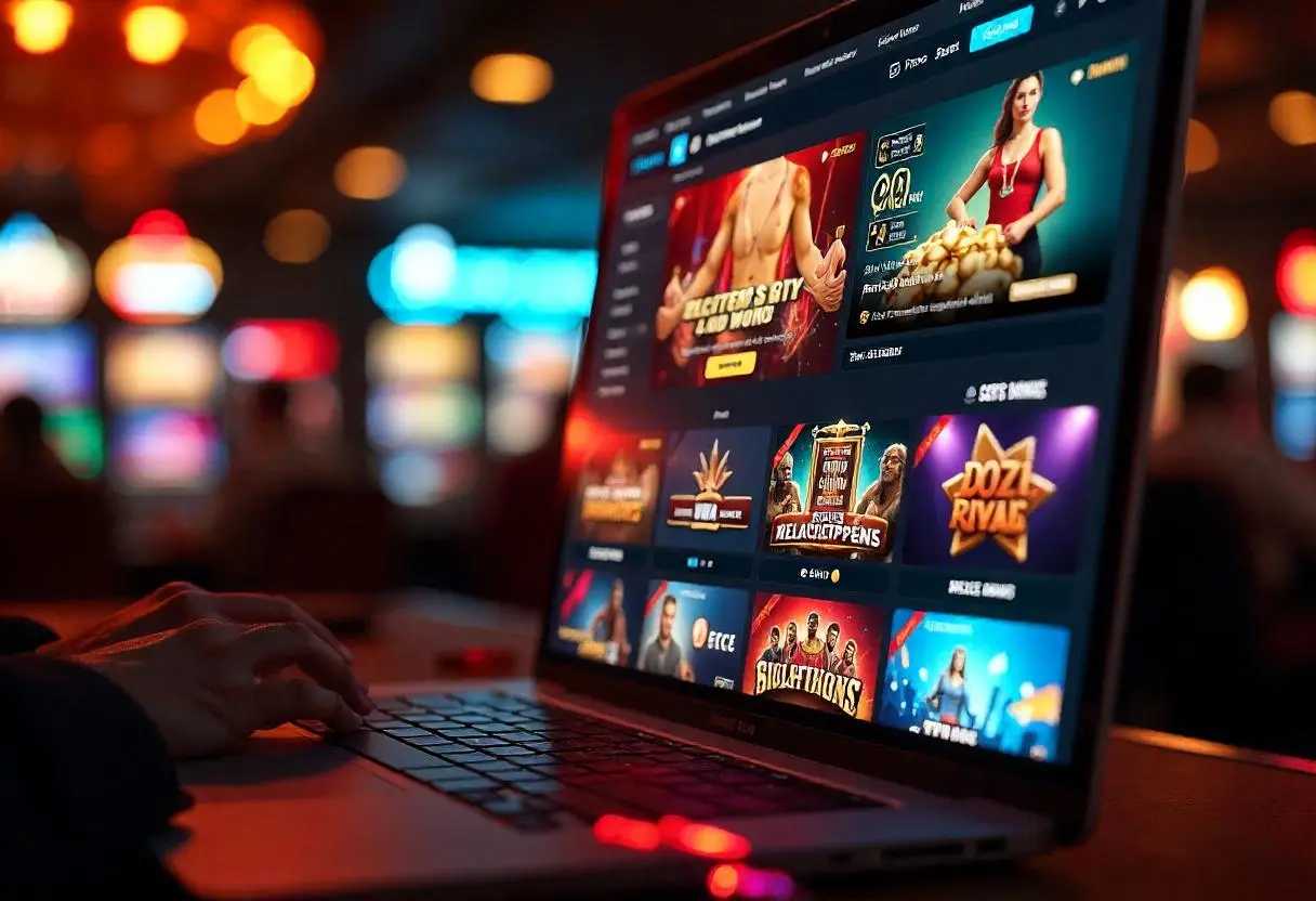 A person browsing an online casino on a laptop, with colorful slot games on the screen and blurred casino lights in the background.