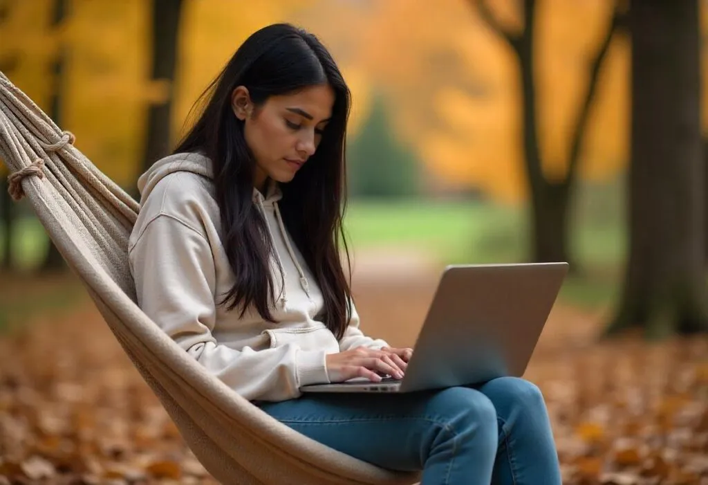 Woman playing online casino games on a laptop in the park during autumn.