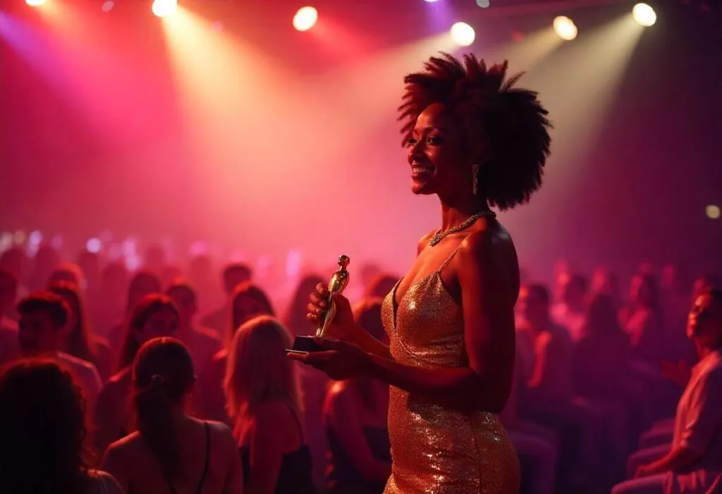 A glamorous gaming awards ceremony featuring a female winner holding a trophy.