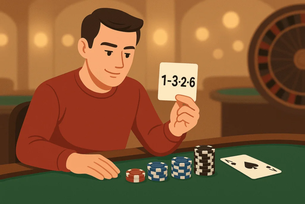 Man at casino table holding a card that reads "1-3-2-6" with stacks of chips in front of him