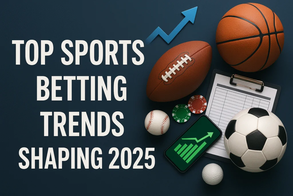 Top sports betting trends for 2025 with sports equipment and rising charts.