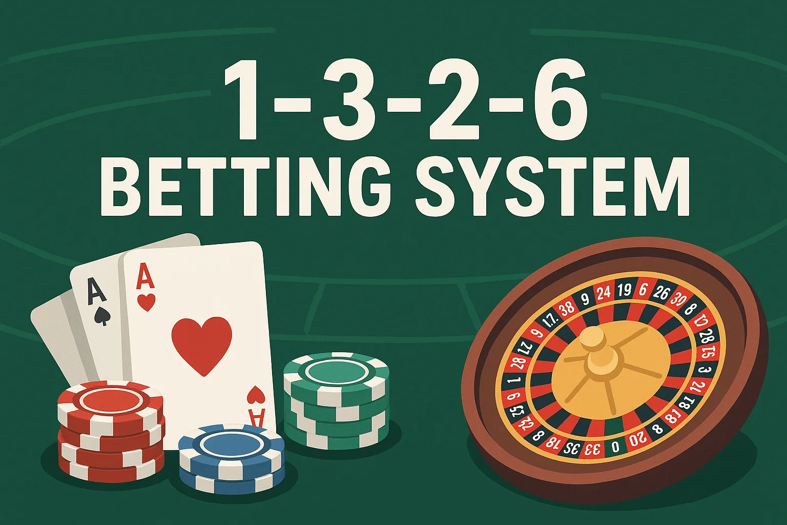 1-3-2-6 betting system concept with roulette wheel, chips, and playing cards