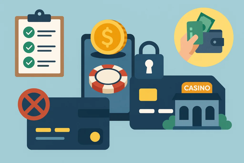 Secure credit card payment system with casino elements, checklist, and locked padlock icon