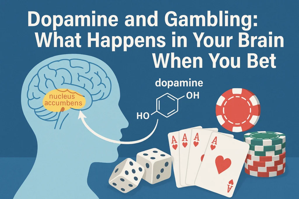 Diagram showing the role of dopamine in the brain during gambling activity, featuring nucleus accumbens, dopamine molecule, and gambling symbols.