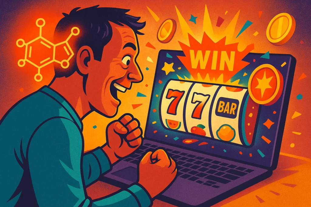Excited man playing online slots on a laptop with dopamine molecule in the background and a big "WIN" message on screen.