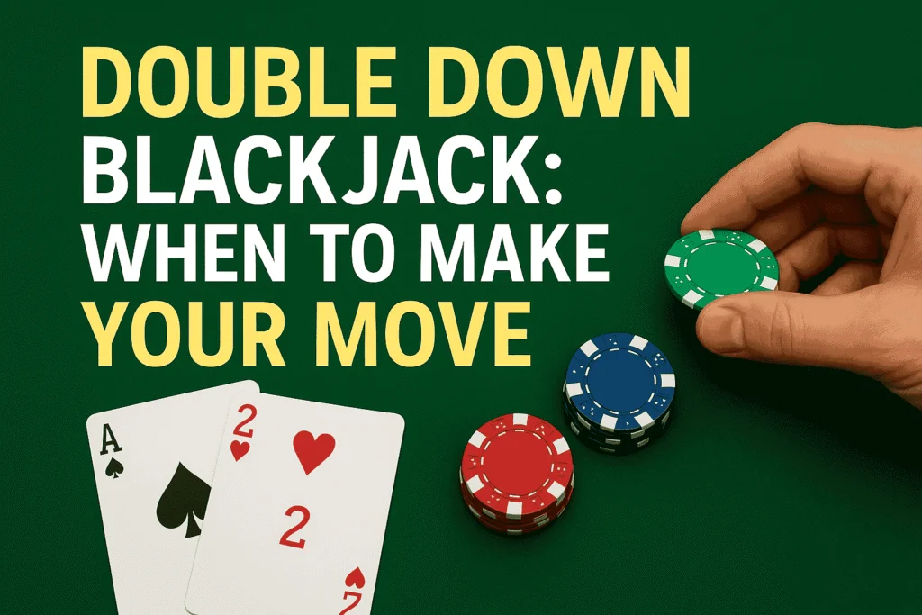 Hand placing green poker chip next to blackjack cards and chips on table with bold title "Double Down Blackjack: When to Make Your Move."