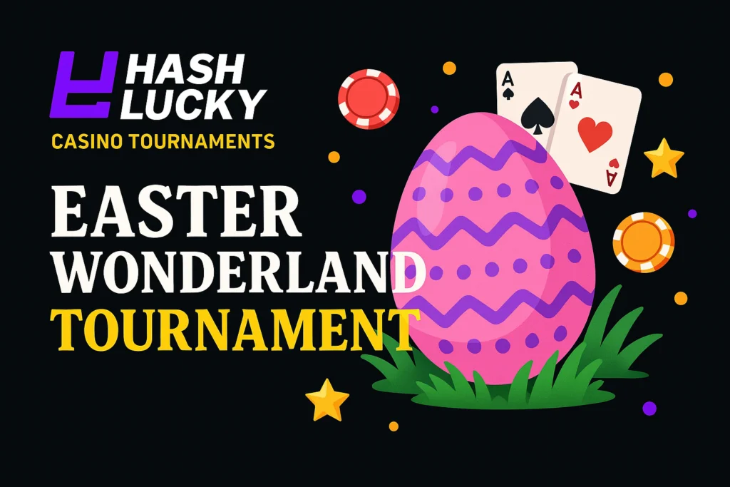 HashLucky Casino’s Easter Wonderland Tournament banner with Easter egg, cards, chips, and festive design