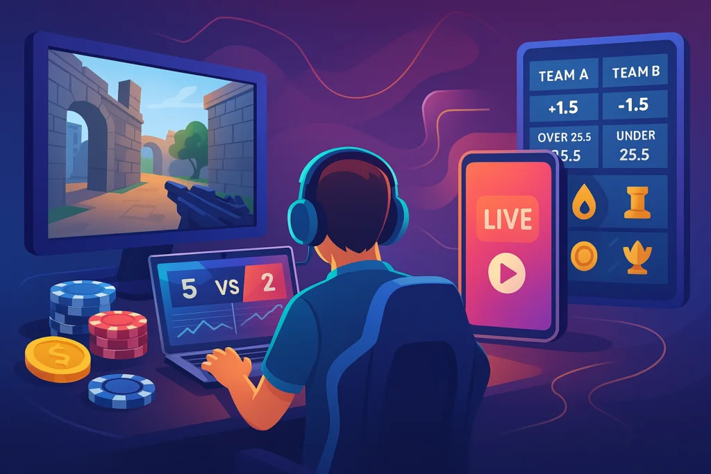 Person live betting on an esports match with odds and chips on screen