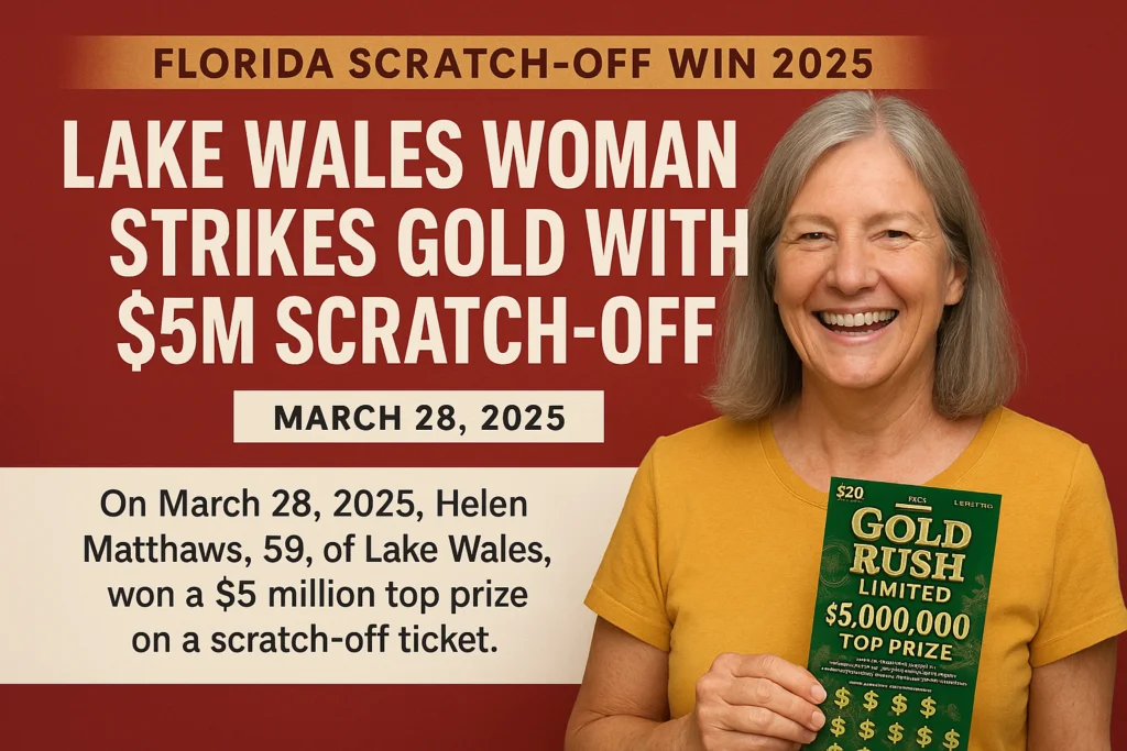 Helen Matthews celebrates $5 million Florida Lottery win with her Gold Rush Limited ticket on March 28, 2025.