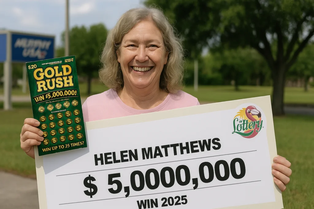 Helen Matthews Florida Lottery Gold Rush winner 2025 holding $5M check