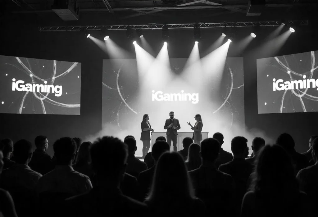 Panel discussion on stage during an iGaming expo, with an audience watching under dramatic lighting.