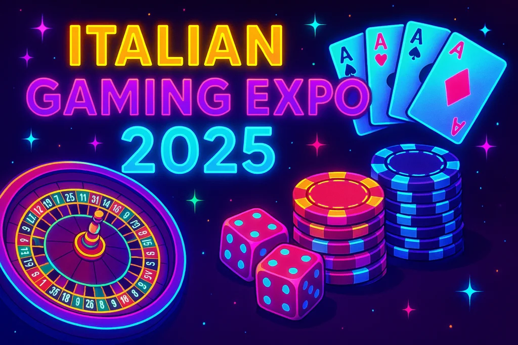 Colorful neon poster for Italian Gaming Expo 2025 featuring poker cards, roulette, chips, and dice.