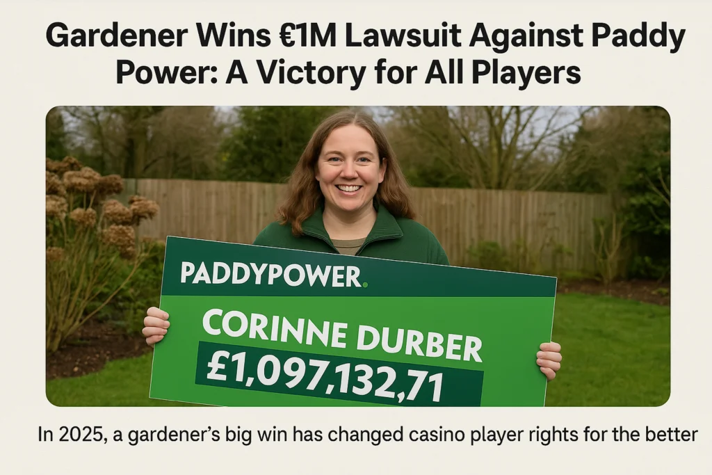 Corinne Durber holding a £1,097,132.71 check after winning lawsuit against Paddy Power