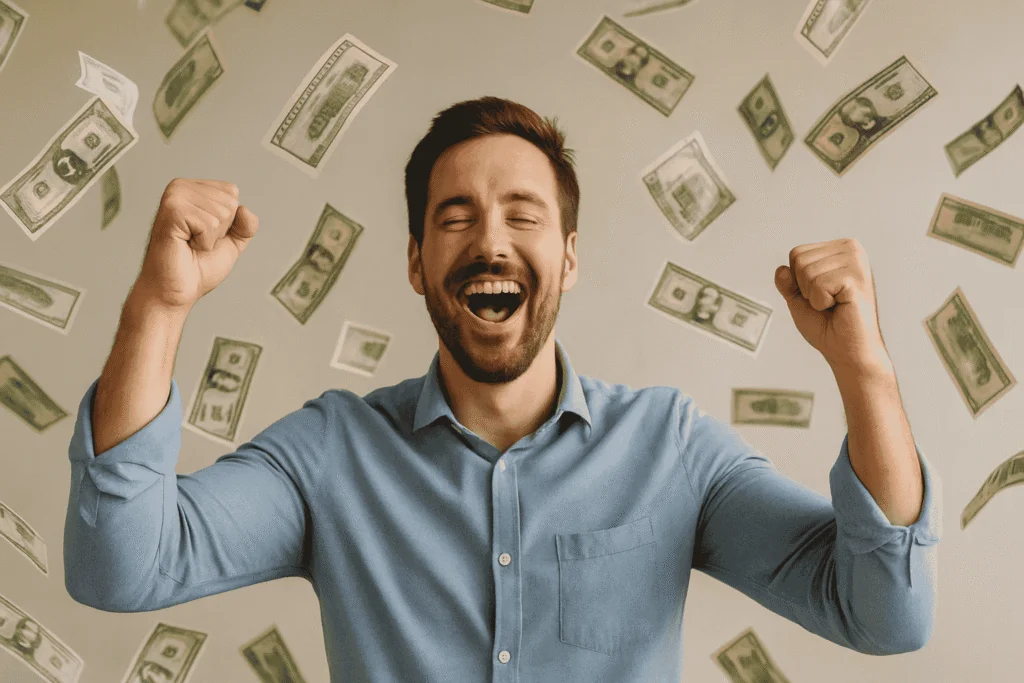 Excited man in blue shirt celebrating with flying dollar bills around him