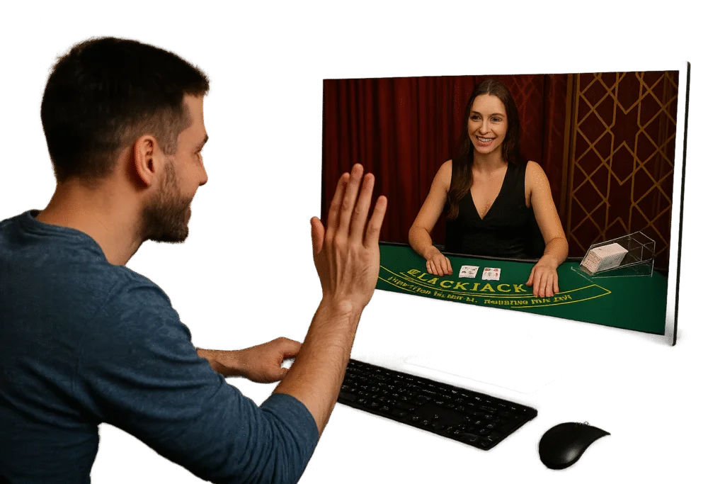 Man interacting with a live blackjack dealer via computer screen