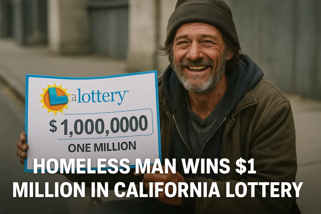 Smiling homeless man with California Lottery $1 million scratch-off ticket
