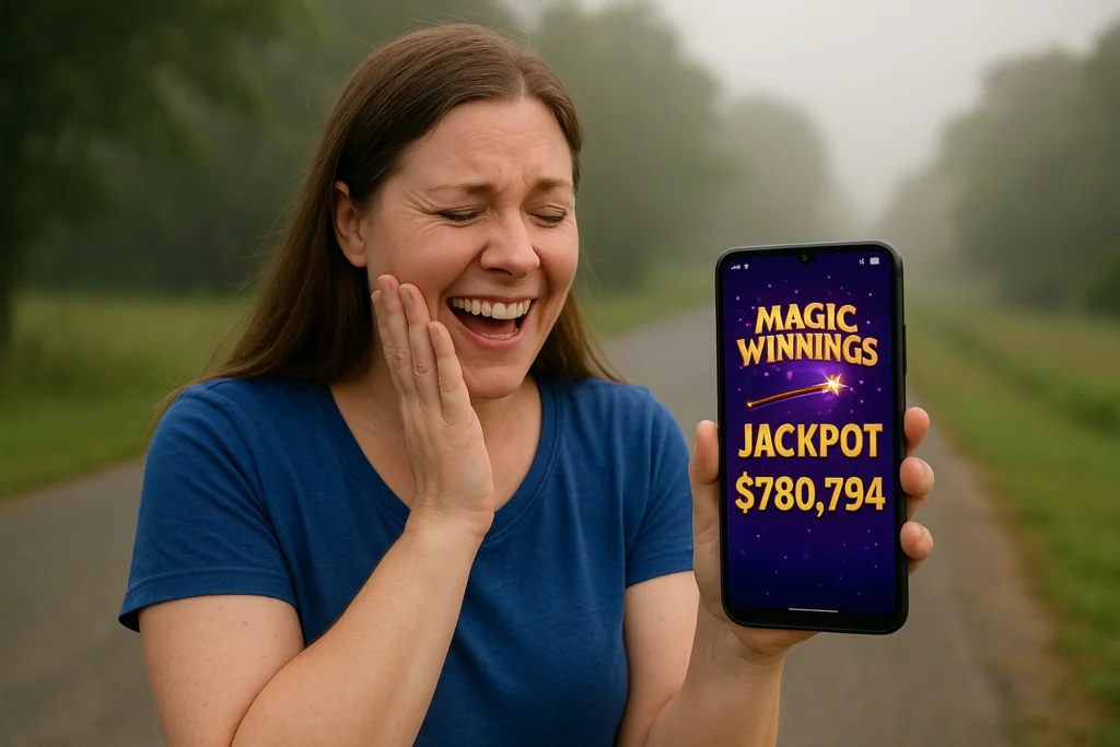 Misty Bridges celebrating her $780,794 jackpot win in North Carolina’s Magic Winnings Vegas digital lottery game.