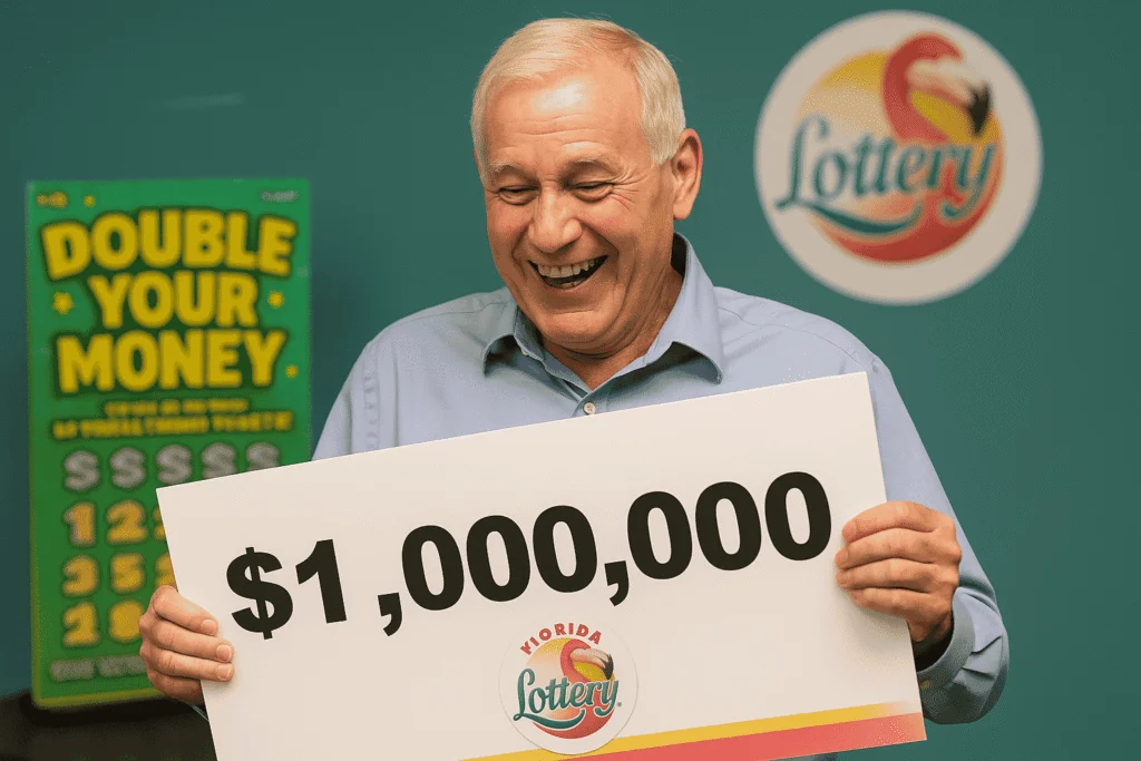 Man holding a $1 million Florida Lottery check with a "Double Your Money" scratch-off poster in the background