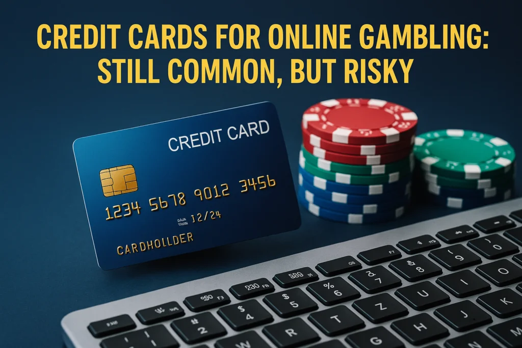 Credit card on keyboard next to casino chips, symbolizing online gambling transactions