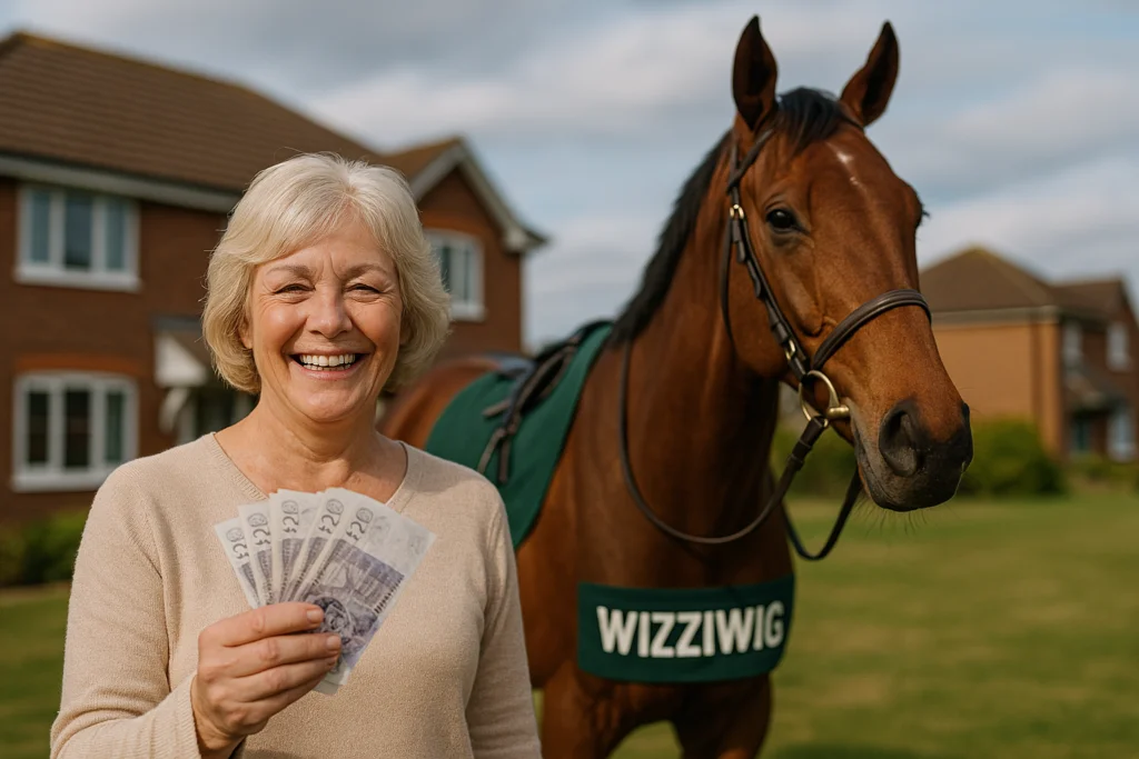 Smiling woman holding British pound notes next to a racehorse named Wizziwig