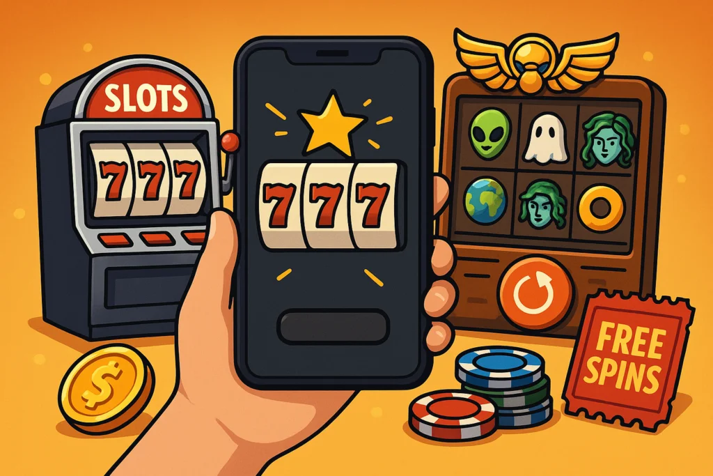 Mobile and classic slot machines showcasing winning combinations and free spins in an online casino setting.