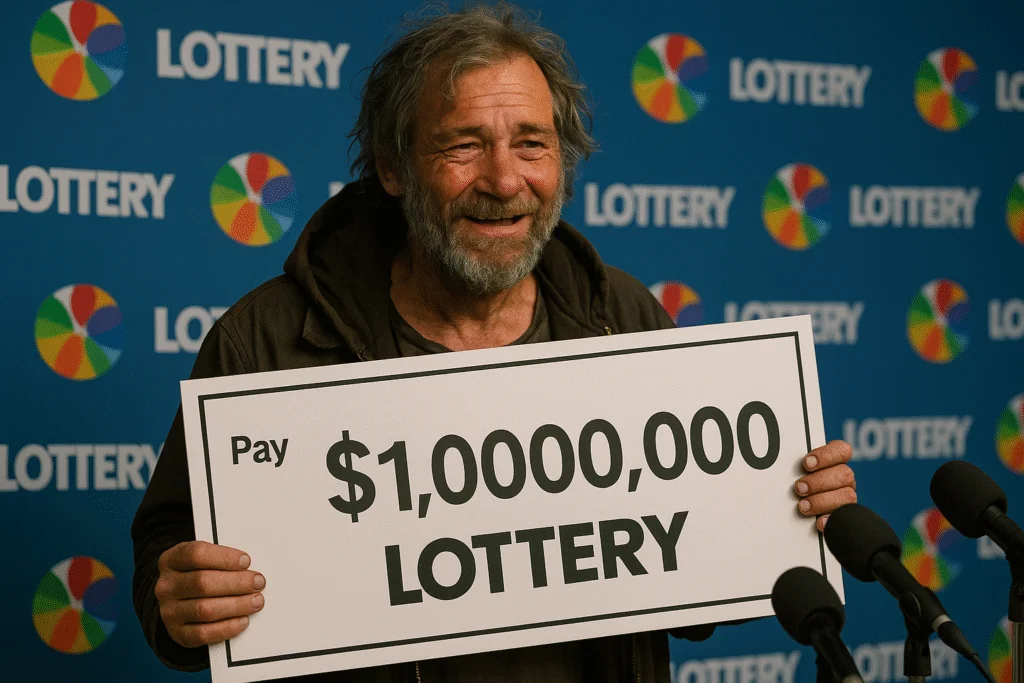 Homeless man celebrating $1 million lottery win holding a check