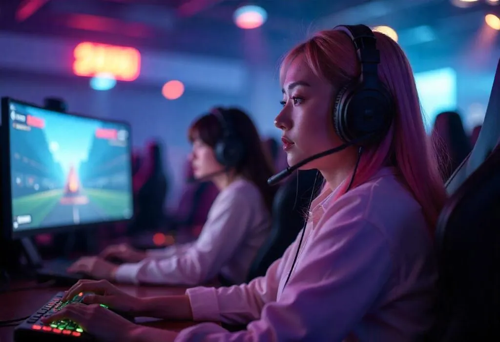 Female gamers participating in an online gaming tournament under neon lights
