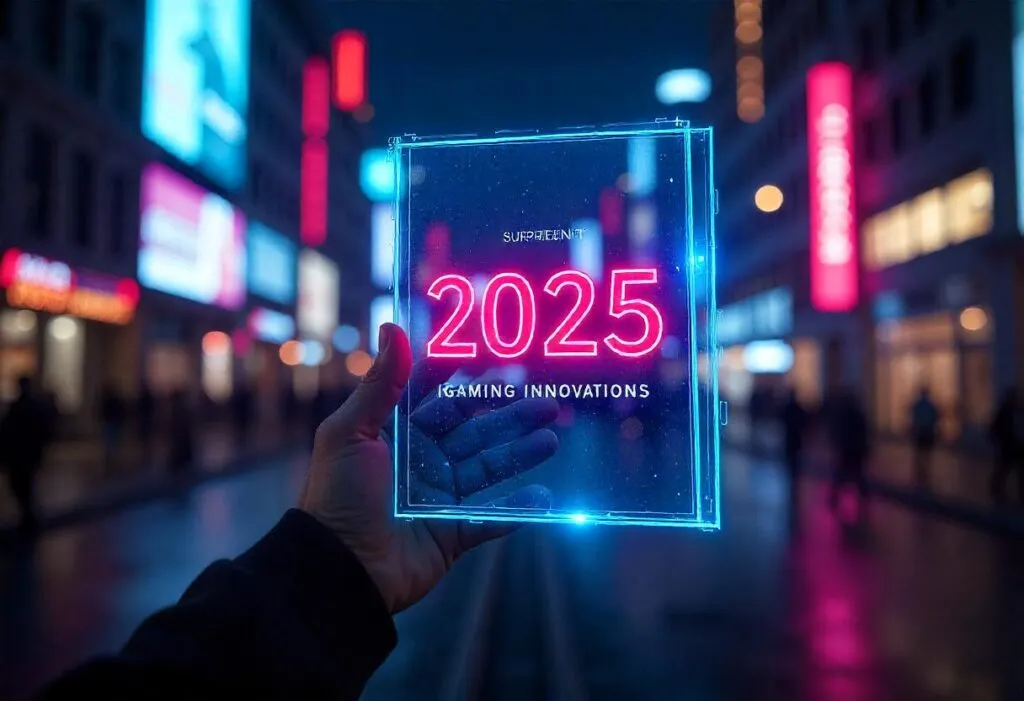 A glowing digital display reading "2025 Gaming Innovations" held on a busy city street at night, symbolizing futuristic trends in gambling.