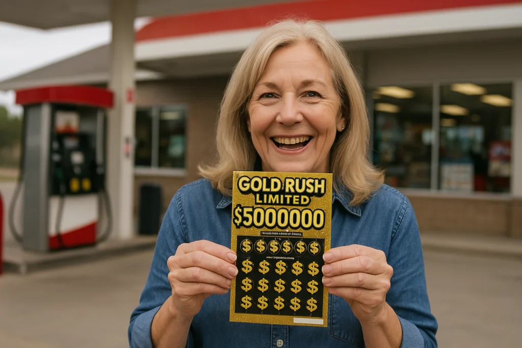 Smiling woman holding a winning Gold Rush Limited $5 million scratch-off ticket outside a gas station