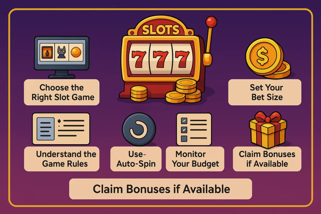 Infographic with tips on how to play slot games, including setting bet size, choosing the right game, and claiming bonuses.