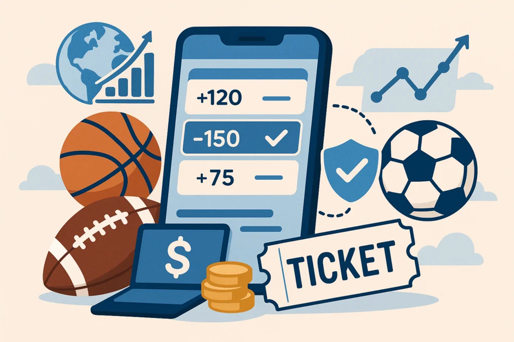 Mobile sports betting trends in 2025 featuring odds, football, basketball, soccer symbols, and betting tickets.