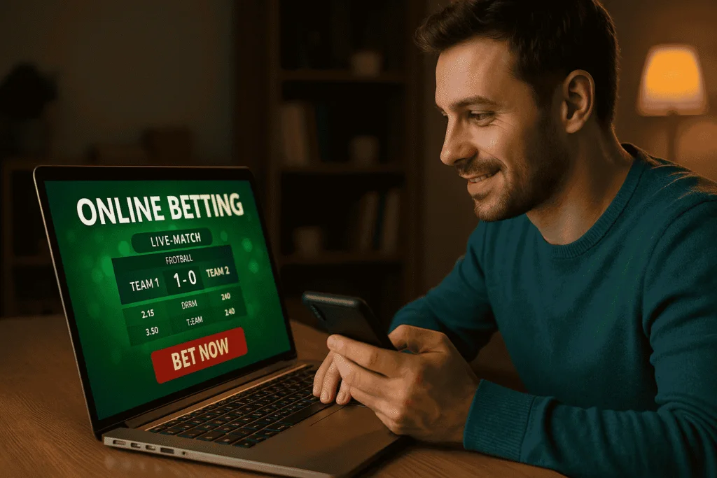 Man smiling while using a laptop and smartphone to place a bet on a live football match.