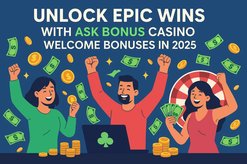 Three happy online casino players celebrating wins surrounded by money, gold coins, and a laptop with a casino logo.