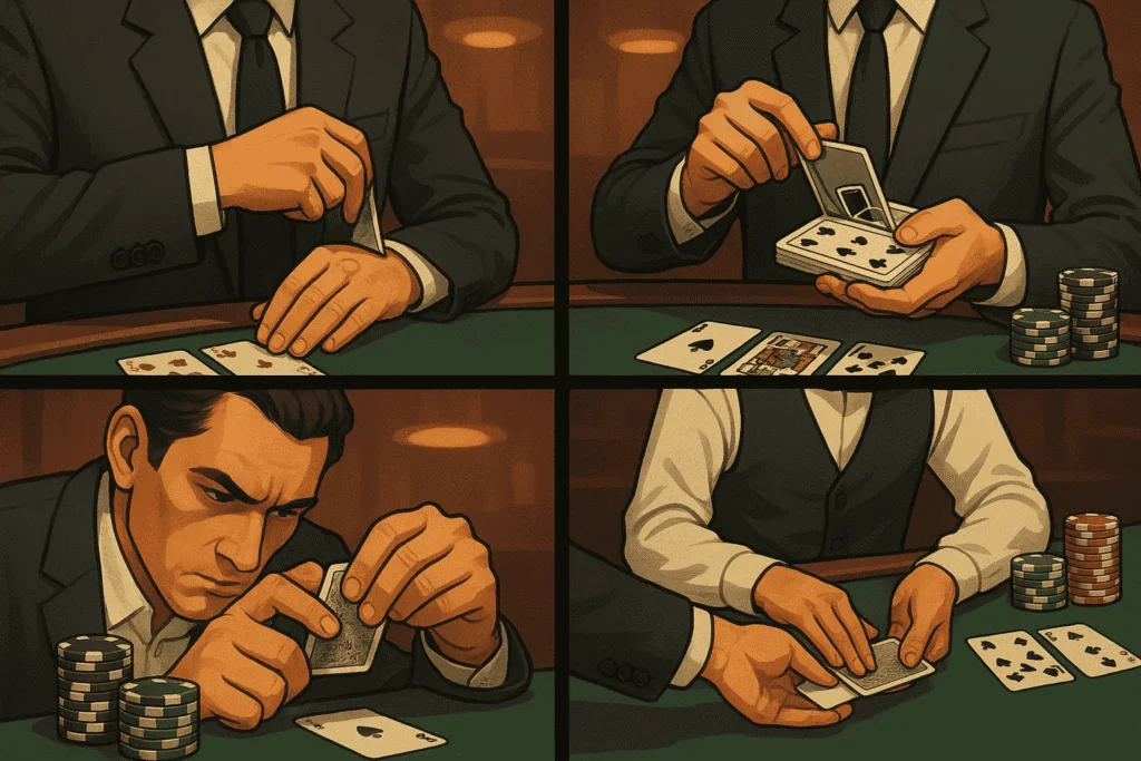 Four-panel illustration showing different methods of casino cheating, including card switching, hidden card compartments, and sleight-of-hand at a poker table.