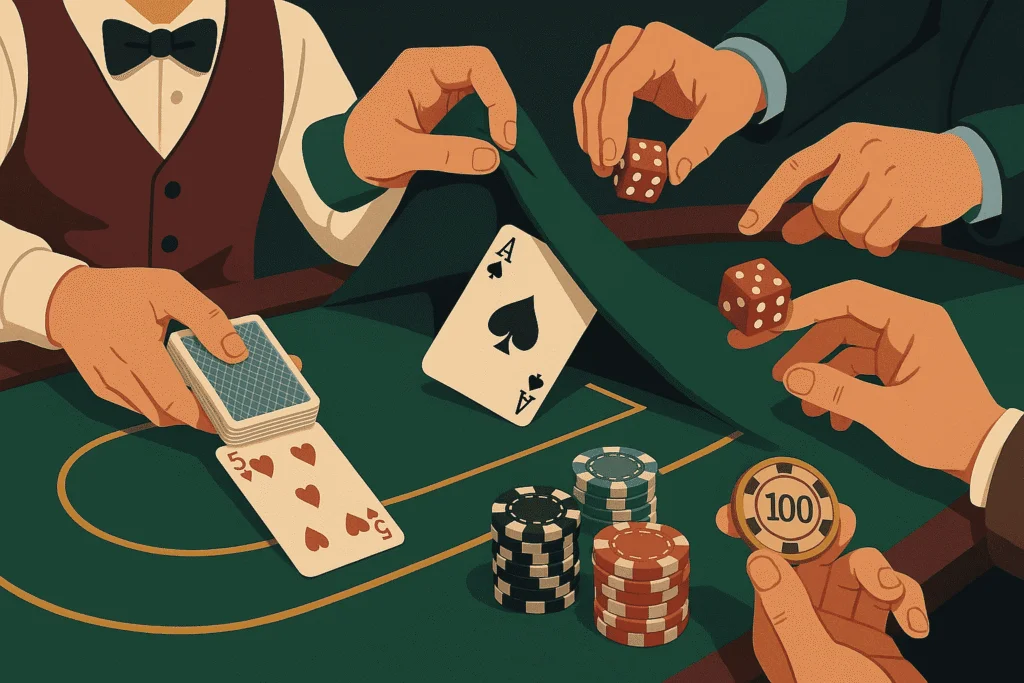 Stylized illustration of a casino game in progress, featuring a dealer, players, cards, chips, and dice, with one hand revealing a hidden ace under the table.