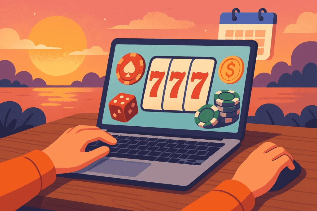An illustration of a person playing online casino games on a laptop during sunset, with slot icons and a calendar in the background.