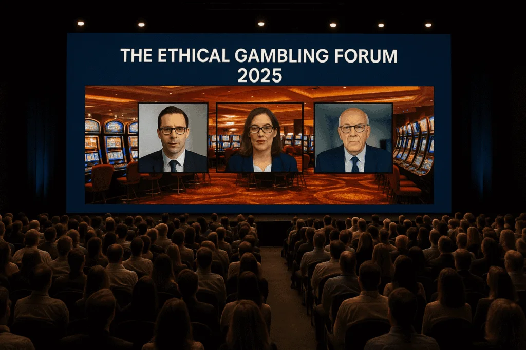 Panel of speakers shown on a large screen at the Ethical Gambling Forum 2025