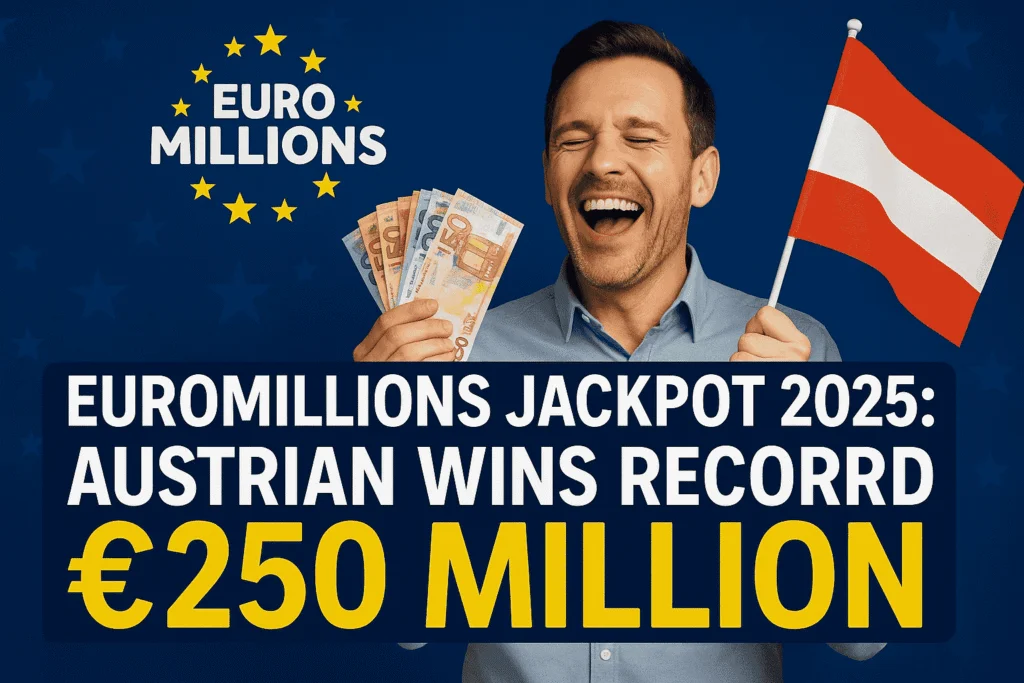 Happy Austrian man holding cash and flag celebrating €250 million EuroMillions jackpot win in 2025.
