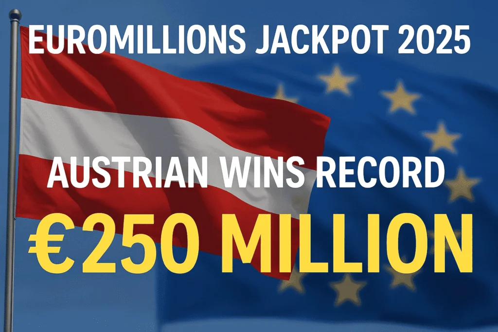 EuroMillions Jackpot 2025 announcement with Austrian flag and EU flag in the background.
