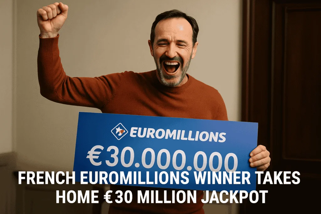Happy French man celebrates winning the €30 million EuroMillions jackpot, holding a blue sign with the prize amount.