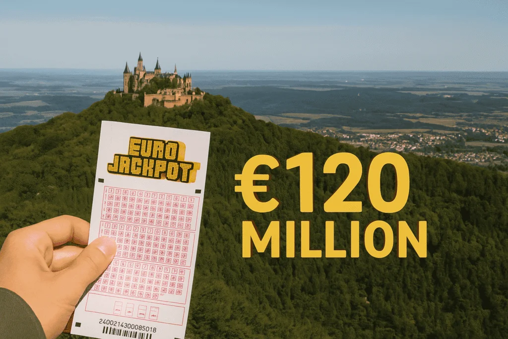 Hand holding EuroJackpot ticket with a scenic view of a German castle and a €120 million prize text.