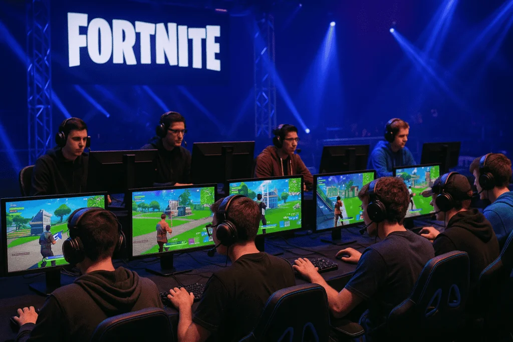 Professional Fortnite players compete during the FNCS Pro-Am 2025 tournament under dramatic blue stage lighting.