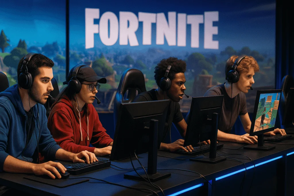 Competitive Fortnite players in action during a live esports tournament.